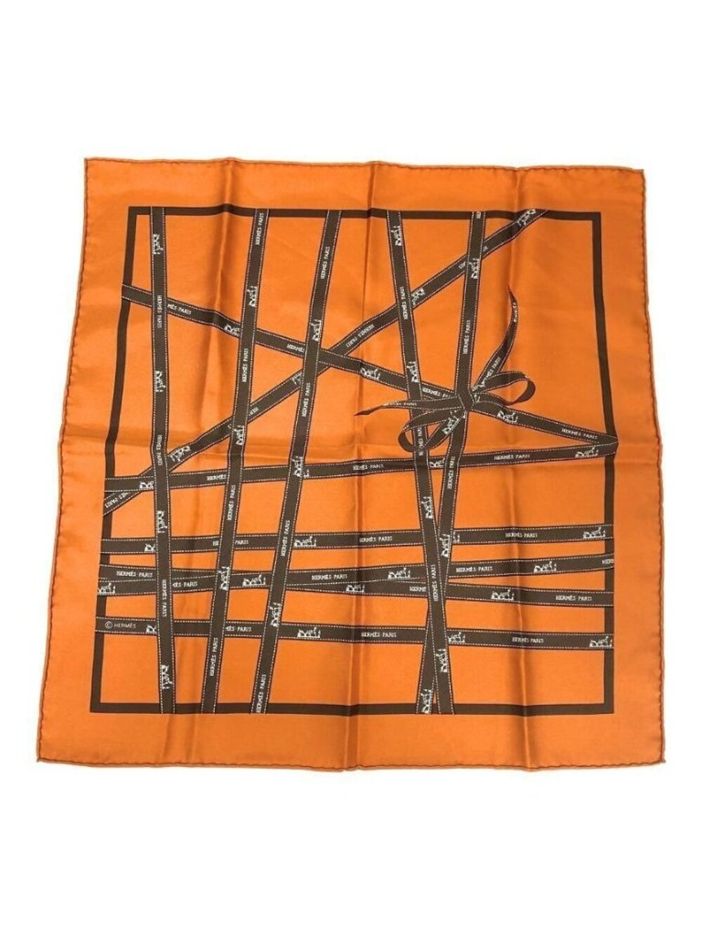 Hermes Carre 45 Scarf Bolduc Au Ribbon Pattern Orange Silk
